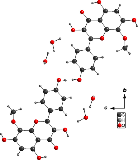 Dimer [(C16H12O7)·2H2O]2 in the crystal of flavonoid (2).