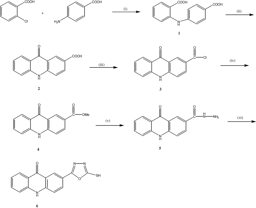 Reagents and conditions: (i) CuO/K2CO3, (ii) H2SO4/Δ, (iii) SOCl2, reflux 3 h, (iv) MetOH, (v) N2H4, DMSO, reflux 24 h, and (vi) CS2, KOH, EtOH, reflux 24 h.