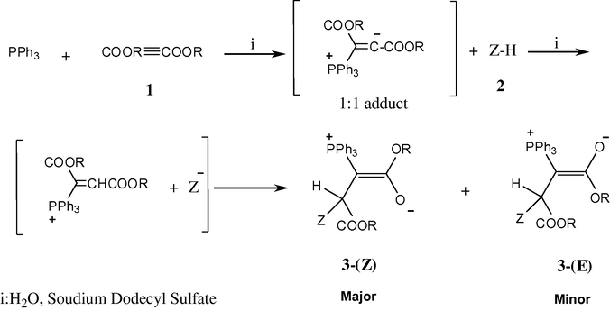 Synthesis of stable phosphorus ylides 3a–q involving two rotational isomers 3-(Z) and 3-(E) in the presence of sodium dodecyl sulfate in water at room temperature.