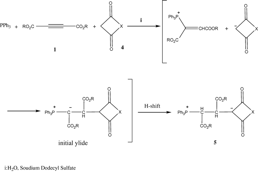 Synthesis of 1,4-diionic organophosphorus compound 5a–f in the presence of sodium dodecyl sulfate in water at room temperature.