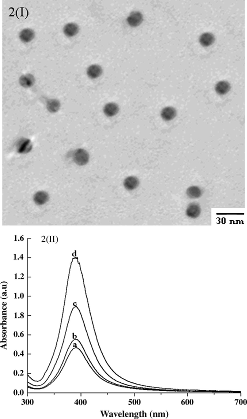 (I) TEM image of silver NPs and 2(II) absorbance spectra of silver NPs. Conditions: Silver NPs 1 × 10−4 M, 2 × 10−4 M, 3 × 10−4M, 4 × 10−4M.