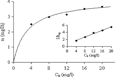 Effect of initial RY84 concentration on the initial rate of degradation. In the insert: Reciprocal of apparent constant rate of degradation versus initial concentration.