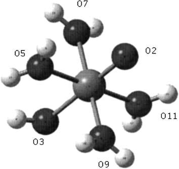 Molecular structure of [ReO(OH)(H2O)4]2 obtained by DFT calculations.
