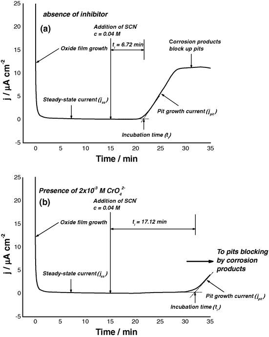 Potentiostatic current/time transients recorded for Al in 1.0 M Na2SO4 solution at 25 °C and at a step anodic potential (Es,a) of −600 mV(SCE), followed by addition (after 15.0 min) of KSCN to establish a concentration of 0.04 M SCN− in the SO 4 2 − solution (a) without and (b) with 0.002 M CrO 4 2 − .