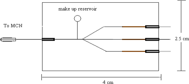 Schematic diagram for the microfluidic device with three packed microchannels (brown lines) and the glued connection PTFE tubing for its coupling with FI and the interface with ICP-MS.