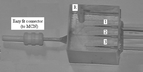 Photograph of the microfluidic device; 1, 2, and 3 indicate the packed microchannels; R, make up reservoir. The photo shows the glued connection PTFE tubing to interface the devices with the ICP and the FI manifold.