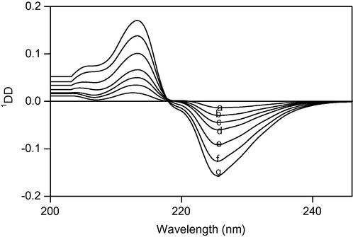 First derivative of the ratio method of a, 2; b, 4; c, 6; d, 8; e, 12; f, 16; g, 20 μg/ml solution of ibuprofen when 20 μg/ml solution of paracetamol used as divisor.