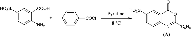 The route of the synthesis of the 2-phenyl-4-oxo-3,1-benzoxazine-6-sulphonic acid (A).