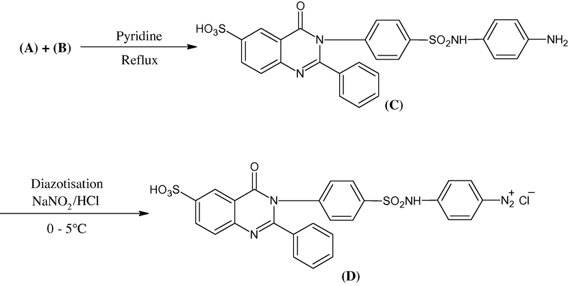 The route of the synthesis of the 2-phenyl-3-[4′-(4″-aminophenylsulphonamido)] phenyl-4(3H)-quinazolinone-6-sulphonic acid (C) and its diazonium salt (D).