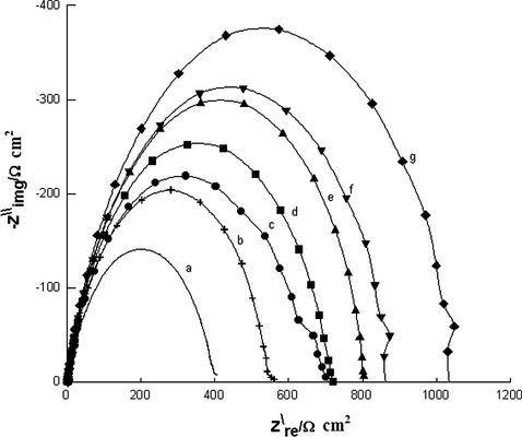 Complex-plane impedance of iron in 1 M HCl in the presence of different concentrations of PA at 25 °C. (a) Blank, (b) 1 × 10−3 M, (c) 3 × 10−3 M, (d) 5 × 10−3 M, (e) 7 × 10−3 M, (f) 9 × 10−3 M, (g) 10 × 10−3 M.