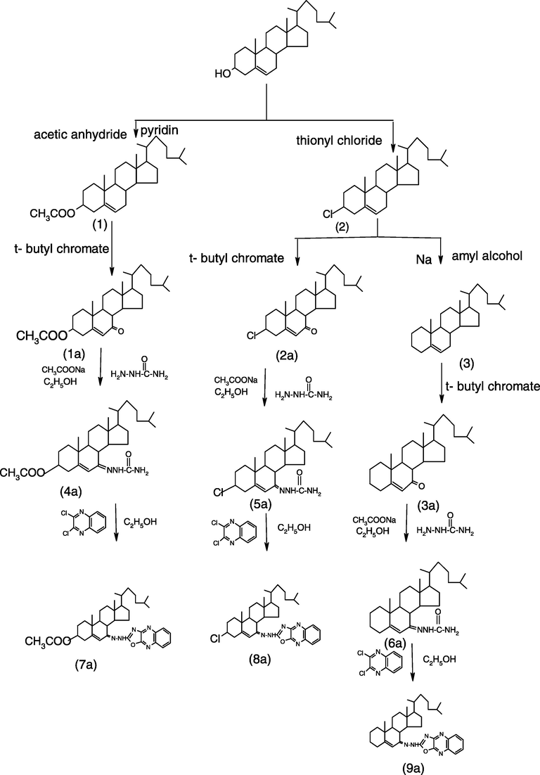 Schematic diagram showing the synthesis of 5-en-7-[oxazolo(4,5-b)quino-xalines](7a–9a).