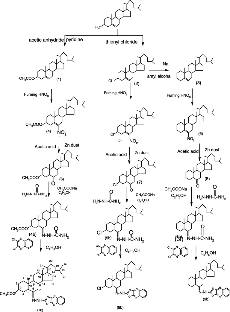 Schematic diagram showing the synthesis of 6-[oxazolo(4,5-b)quinoxalines] (7b–9b).