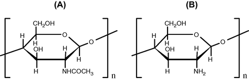 Structure of (A) chitin and (B) chitosan.