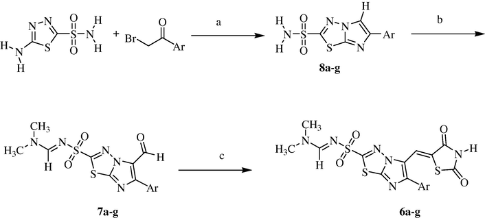 Reagents: (a) dry ethanol, 10 h, 80–85%; (b) Vilsmeiere–Haack reagent, 8 h, 78–86%; (c) 1, piperidine, acetic acid, toluene, 10 h, 85–92%.