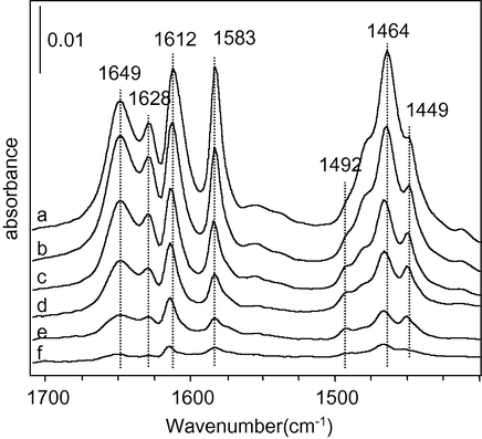 IR spectra of lutidine desorbed at different evacuation temperature (a) RT, (b) 323, (c) 373, (d) 423, (e) 473, (f) 523 K on CoMo1/MgP.