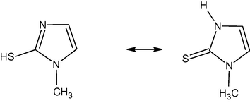 Molecular structures of 2-mercapto-1-methylimidazole.