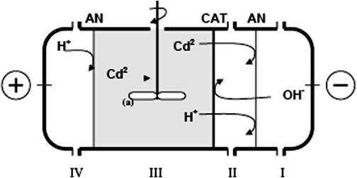 Electrodialytic remediation of cadmium from wastewater sludge (Jakobsen et al., 2004) (AN: anion exchange membrane, CAT: cation-exchange membrane, (a) stirrer).