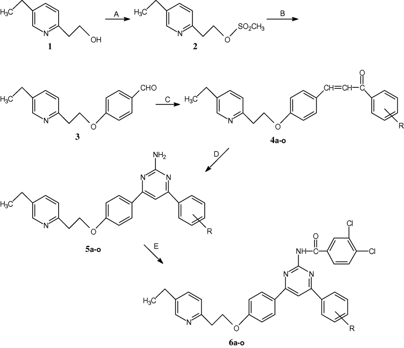 Synthesis of the compounds 4a–o, 5a–o and 6a–o. Reagents and conditions: (A) methane sulphonyl chloride, toluene, triethylamine; (B) 4-hydroxy benzaldehyde, ethanol, NaOH; (C) substituted acetophenone, methanol, 2% NaOH; (D) guanidine nitrate, sodium ethoxide, Ethanol; (E) 3,4-dichloro benzoyl choride, pyridine.