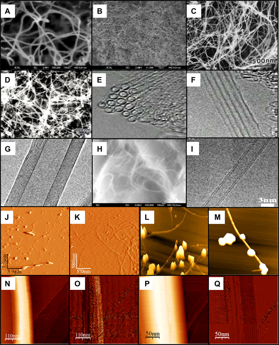 Structure of SWCNT, DWCNT, and MWCNT in different imaging techniques: (A and B) SEM images of MWCNT (high and low magnification), (C and D) SEM images of SWCNT (high and low magnification), (E) TEM image of a cross-sectional view of a bundle of SWCNTs [transverse view shown in (F)]. Each nanotube has a diameter of about 1.4 nm and the tube–tube distance in the bundles is 0.315 nm, (G) High resolution TEM image of an individual MWCNT, (H) SEM image of DWCNT, (I) TEM image of DWCNT, (J) AFM image of MWCNT’s on gold surface, [with high magnification in (K)], (L) AFM image of the SWCNT, [with high magnification in (M)], (N) STM image of a MWCNT. Height of the tube is 1.5 nm and the width is 120 nm. [Zoom onto the nanotubes in figure (P)], (O andQ) Current trace of figures (N,P). One can more easily see the appearance of some underlying (Li, 2003; Ren et al., 1998; Nordström and Nyrup, 2004; Safarova et al., 2007).