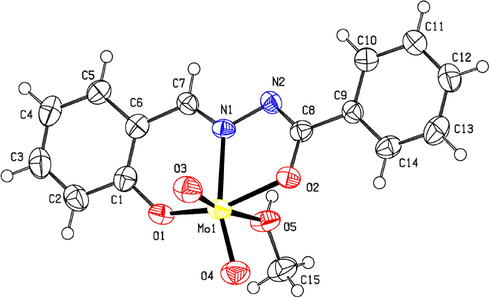 The X-ray structure for methanol {E-N′-(2-hydroxybenzlidene)benzohydrazido}dioxidomolybdenum (VI).