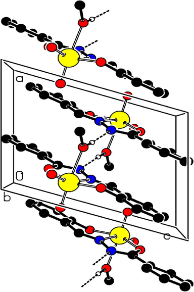 The molecular arrangement of methanol {E-N′-(2-hydroxybenzlidene)benzohydrazido}dioxidomolybdenum (VI).
