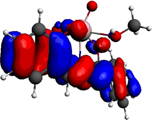 Plots of frontier molecular orbital of HOMO level for methanol {E-N′-(2-hydroxybenzlidene)benzohydrazido}dioxidomolybdenum (VI) molecule calculated by using B3LYP DZP method.