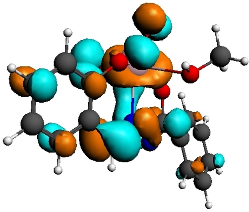 Plots of frontier molecular orbital of LUMO level for methanol {E-N′-(2-hydroxybenzlidene)benzohydrazido}dioxidomolybdenum (VI) molecule calculated by using B3LYP DZP method.