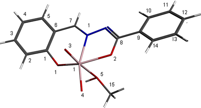 The optimized structure of methanol {E-N′-(2-hydroxybenzlidene)benzohydrazido}dioxidomolybdenum (VI) by B3LYP DZP basis set by using ADF 2009.01 program.