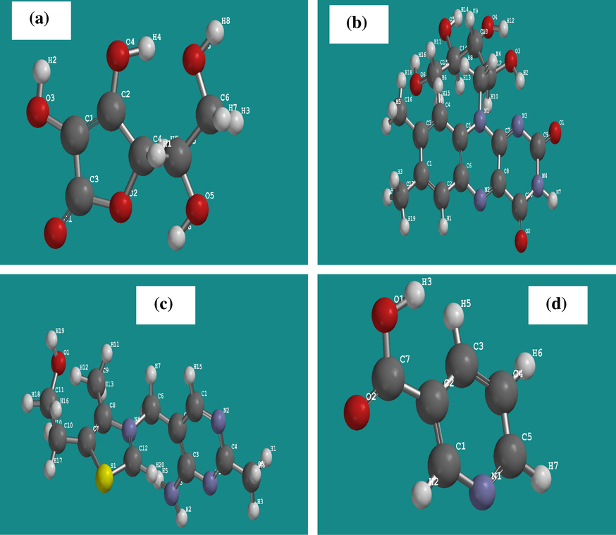Optimized molecular structures of (a) AA (b) RB (c) TH and (d) NA (ball and stick models).