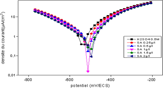 Polarization curves of steel in 0.5 M H2SO4 without and with various concentrations of SAMO at 298 K.