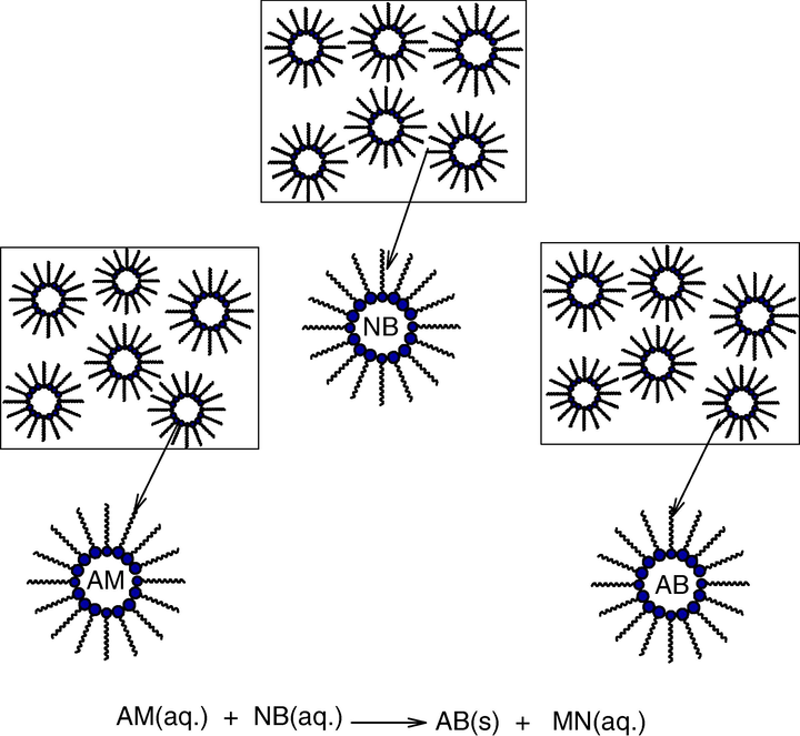 Two-microemulsion method. Cations: A, N, Anions: B, M.