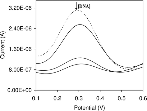 Redox behavior of complex (4) in the absence (—) and the presence (—) of different concentration of DNA using differential pulse voltammogram; Supporting electrolyte, 50 mM NaCl, 5 mM Tris–HCl, pH = 7.1. Scan rate 100 mV s−1.