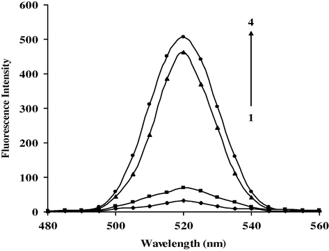 Fluorescence emission spectra: (1) blank, (2) ALP, (3) ALP–AS(III)–SDS system, (4) ALP–SDS system.