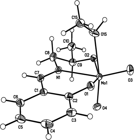 Stereoscopic ORTEP20 plot of methanol{6-[(2-oxidopropyl)iminometh-yl]phenolato}dioxidomolybdenum(VI) complex showing the atomic numbering scheme.