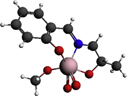 Theoretically predicted geometry for methanol{6-[(2-oxidopropyl)iminometh-yl]phenolato}dioxidomolybdenum(VI) complex by using B3LYP/DZP method.