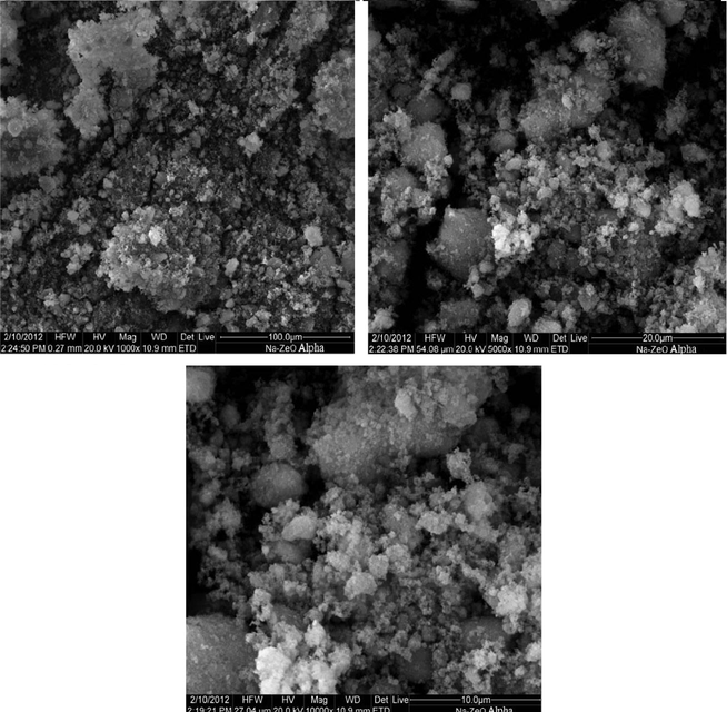 SEM images of zeolite-Alpha at various magnifications.