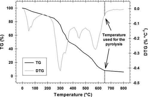 Thermogravimetric mass loss (TG) and derivative thermogravimetric mass loss (DTG) curves of used brewers draff.