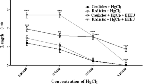 Cytoprotective effect of Eugenia jambolana associated with HgCl2. ∗∗∗ Value statistically significant with P < 0.05.
