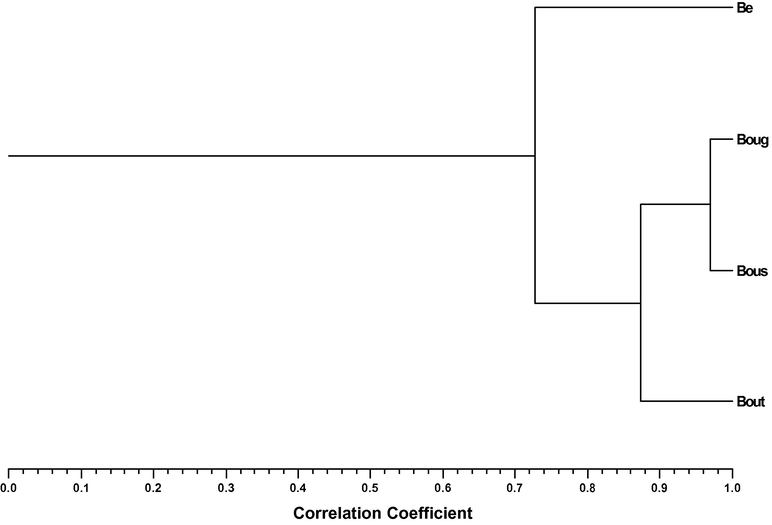 Dendrogram obtained by cluster analysis of the percentage composition of the essential oils isolated from Artemisia herba-alba samples based on correlation and using unweighted pair-group method with arithmetic average (UPGMA). Benifouda (Be); Bougaa (Boug); Boussaada (Bous) and Boutaleb (Bout).