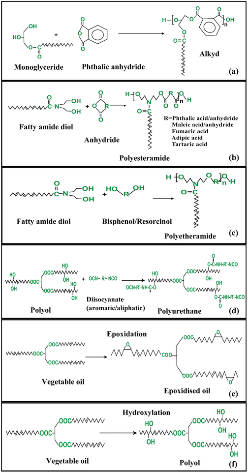 Chemical transformation of VO to polymeric coating materials (a) alkyd, (b) polyesteramide, (c) polyetheramide, (d) polyurethane, (e) epoxy, and (f) polyol.