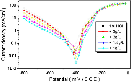 Polarisation curves of steel in 1 M HCl containing various concentrations of P1.