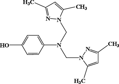 Schematic drawing of 4-[bis[(3,5-dimethyl-1H-pyrazol-1-yl)methyl]-amino]phenol.