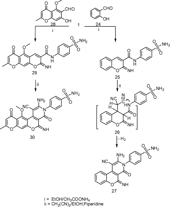 Synthesis of chromene-3-carboxamides 25 and 29 and chromeno-[3,4-c]pyridine derivatives 27 and 30.