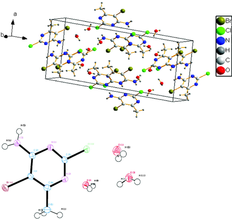 Ortep view of 5-bromo-2-chloro-6-methylpyrimidin-4-amine. Elipsoid are drawn in 50% probability.