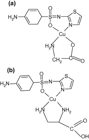 Proposed structure of CuAB species in (a) Cu(II)-stz(A)-gly(B) and (b) Cu(II)-stz(A)-dapa(B) systems in solid state.