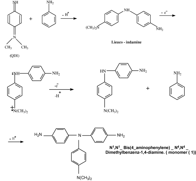 Mechanism of the reaction of aniline with 4-amino-N,N-dimethylaniline in the presence oxidant.