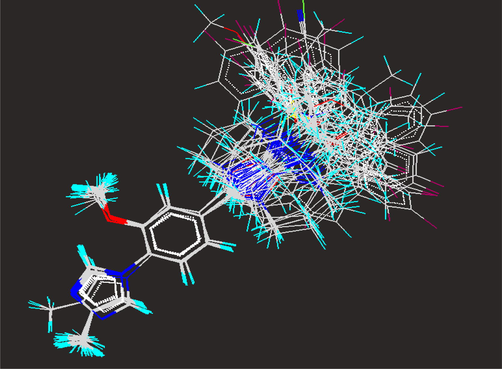 Stereo view of template based alignment of fused 5,6-bicyclic heterocycles on the base template.