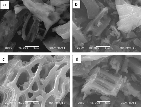 Scanning electron microscope images of activated carbon prepared by the copyrolysis of different ratios of lubricating oil and palm stems: (a) 0.0, (b) 0.33, (c) 0.5 and (d) 1.0 at 300 °C.