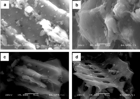 Scanning electron microscope images of activated carbon prepared by the copyrolysis of different ratios of lubricating-oil and palm stems, (a) 0.0, (b) 0.33, (c) 0.5 and (d) 1.0, at 400 °C.