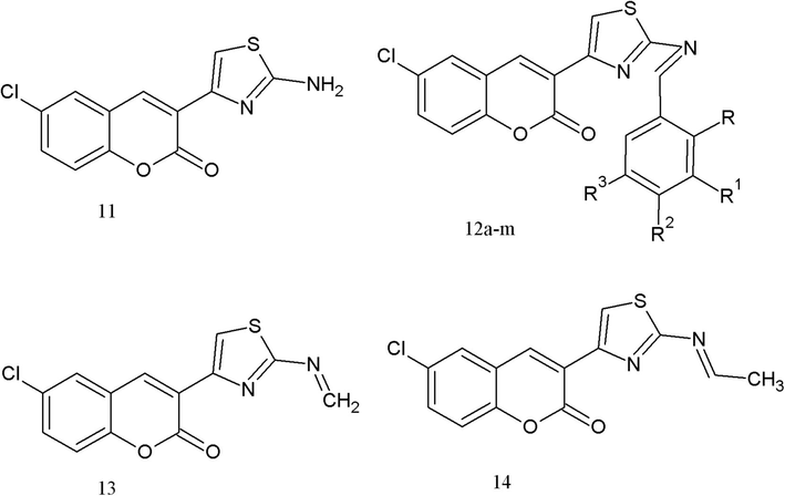 Synthesised amino chlorocoumarin-thiazole Schiff’s bases.